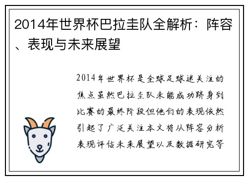 2014年世界杯巴拉圭队全解析：阵容、表现与未来展望